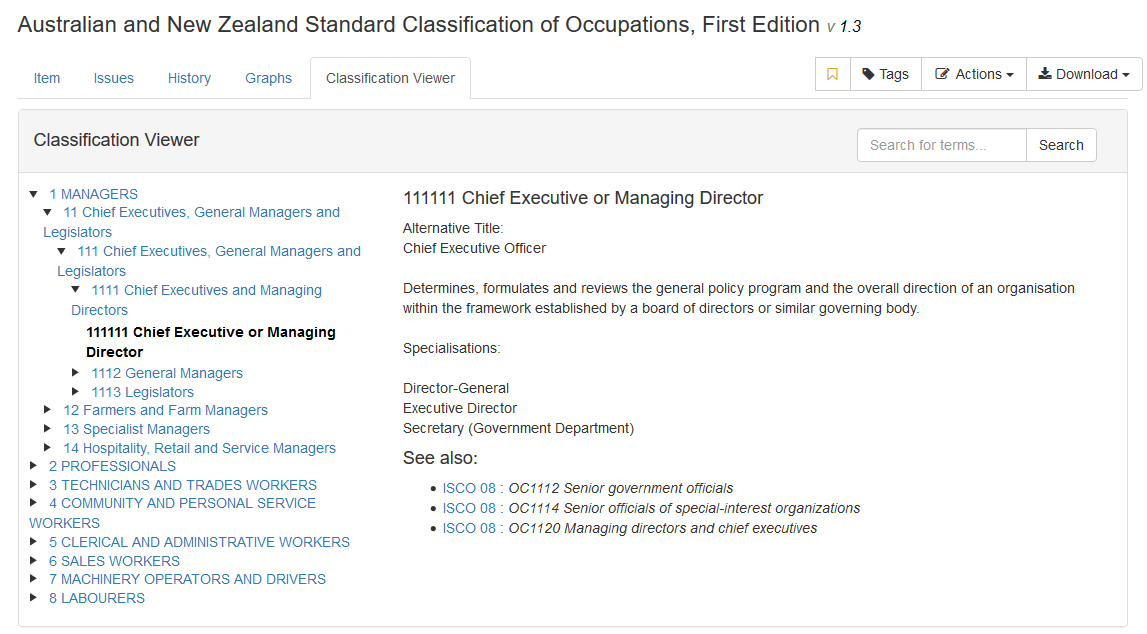 Browsable classification viewer with links to related classifications